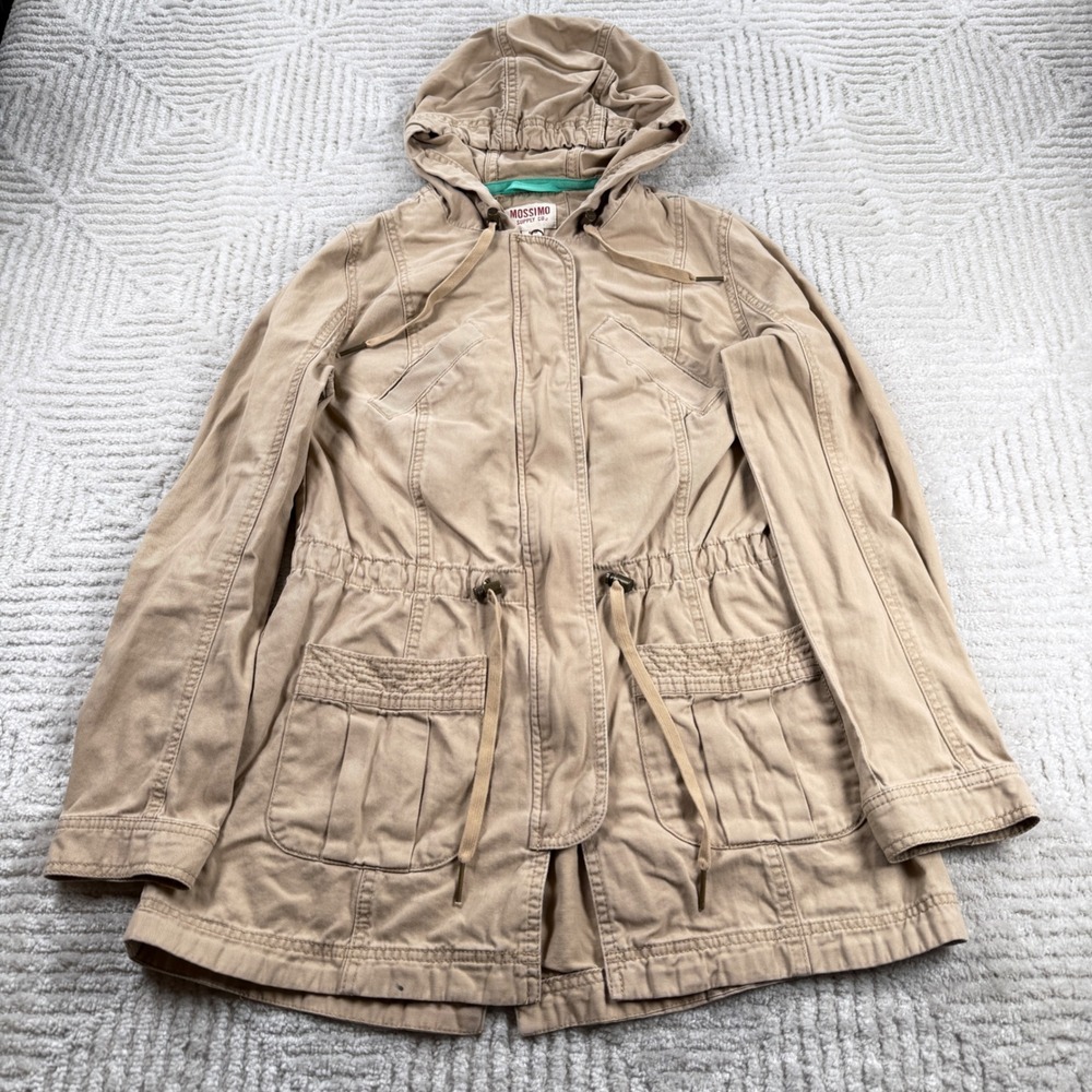 Mossimo Utility Jacket Womens M Tan Hooded Cargo Field Coat Safari Military Y2K